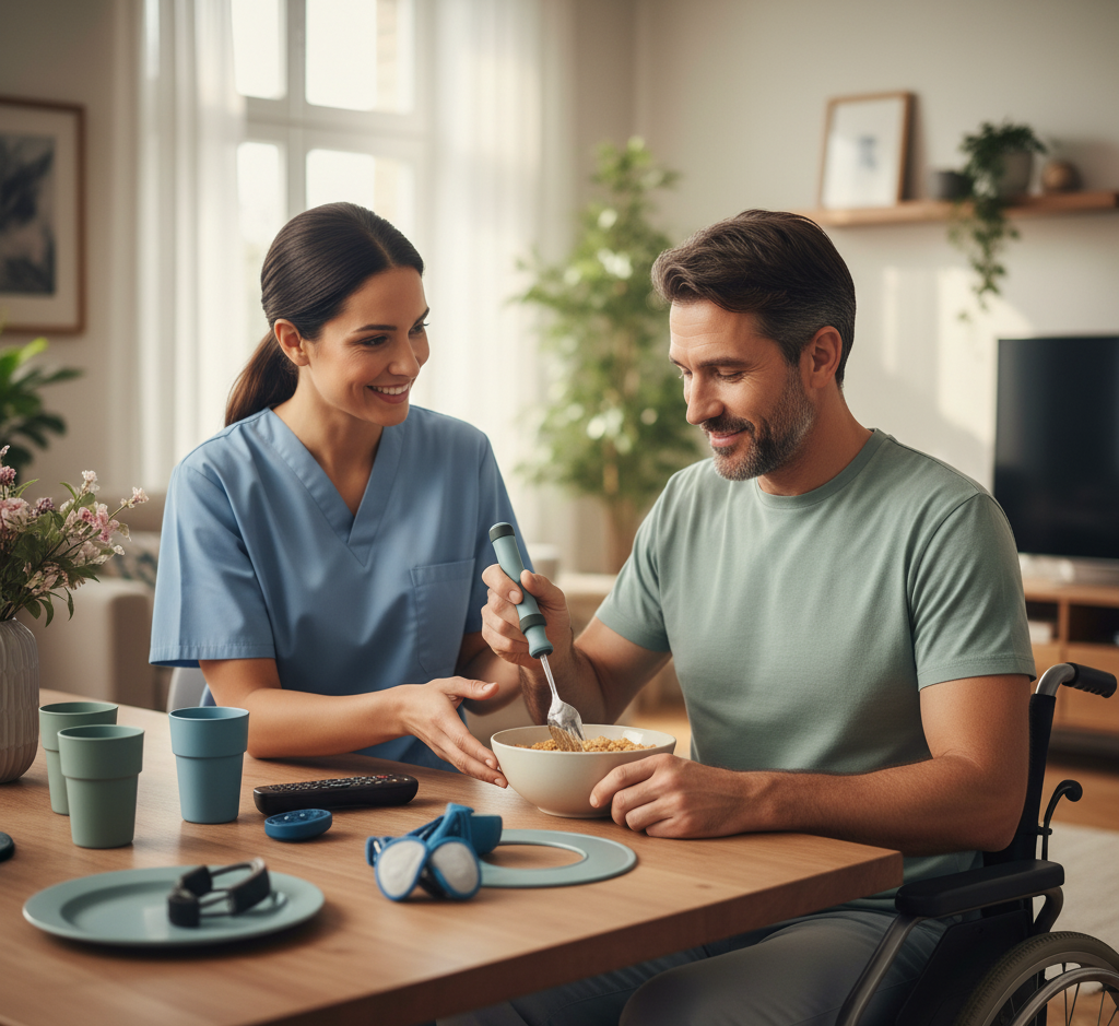 Occupational therapist assisting patient with adaptive eating device