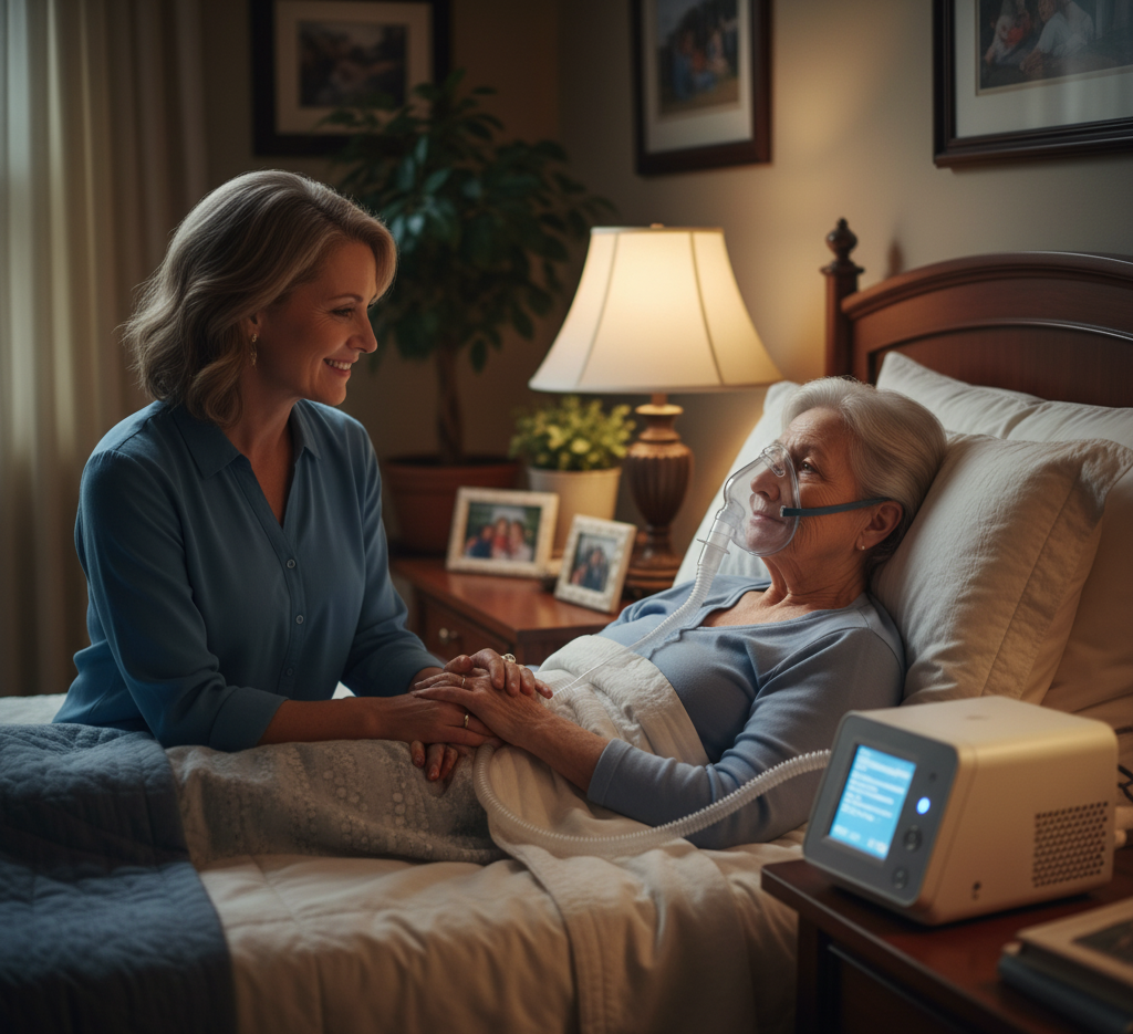 Patient receiving respiratory support via BiPAP