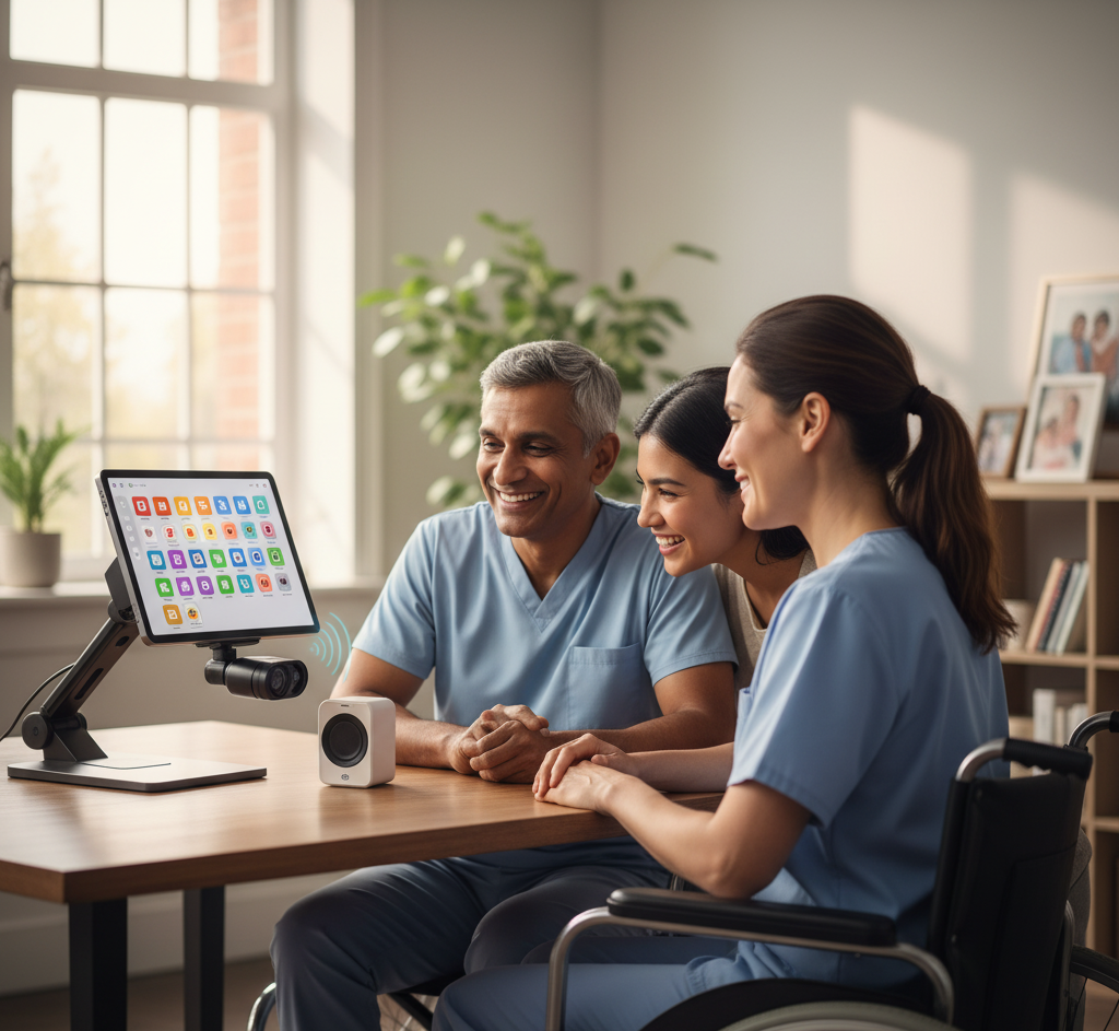 Speech therapist assisting patient with an AAC device