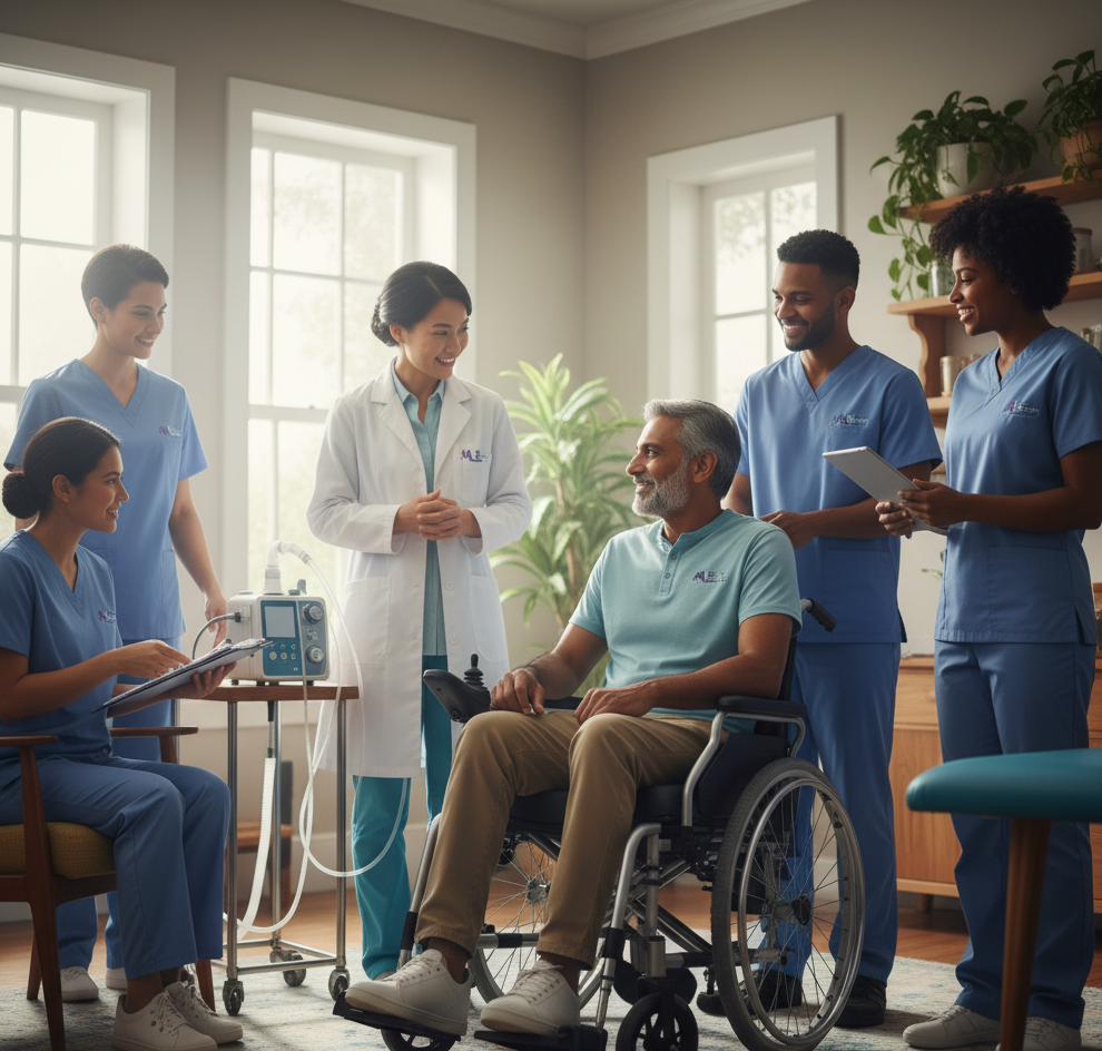 Multidisciplinary care team assisting an ALS patient